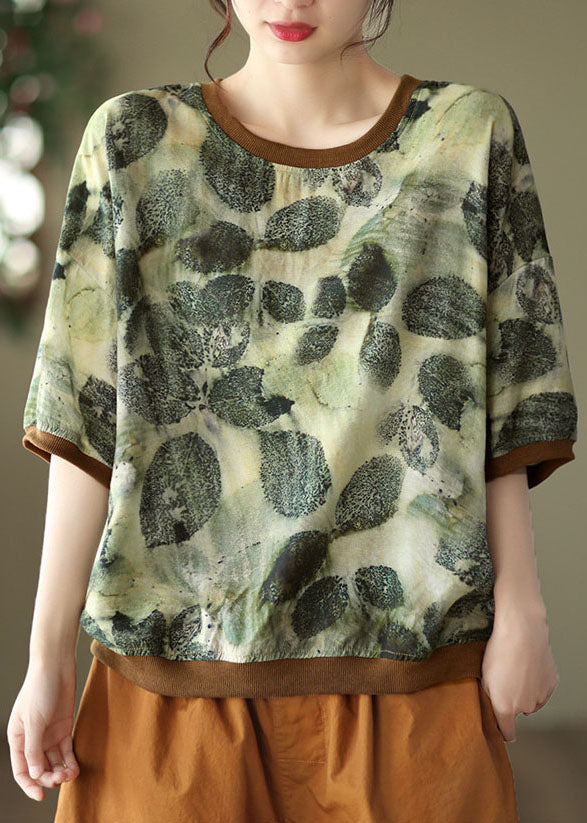 Chic Green O Neck Imprimer Patchwork en lin semi-manche supérieure