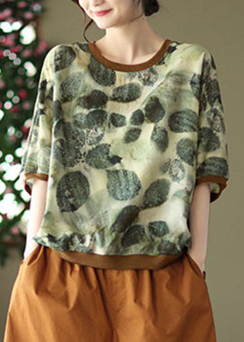 Chic Green O Neck Imprimer Patchwork en lin semi-manche supérieure