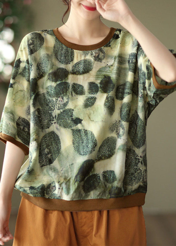 Chic Green O Neck Imprimer Patchwork en lin semi-manche supérieure