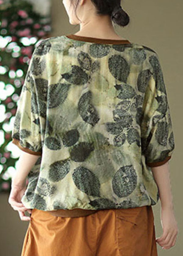 Chic Green O Neck Imprimer Patchwork en lin semi-manche supérieure