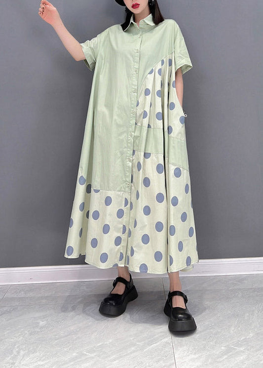 Chic Green Peter Pan Collar Dot Patchwork Button Pockets Robe ridée à moitié manche