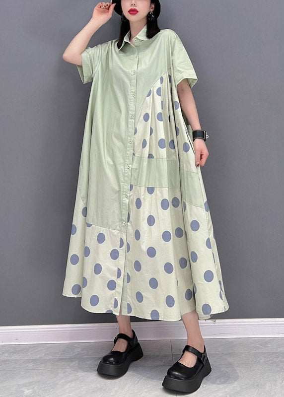 Chic Green Peter Pan Collar Dot Patchwork Button Pockets Robe ridée à moitié manche