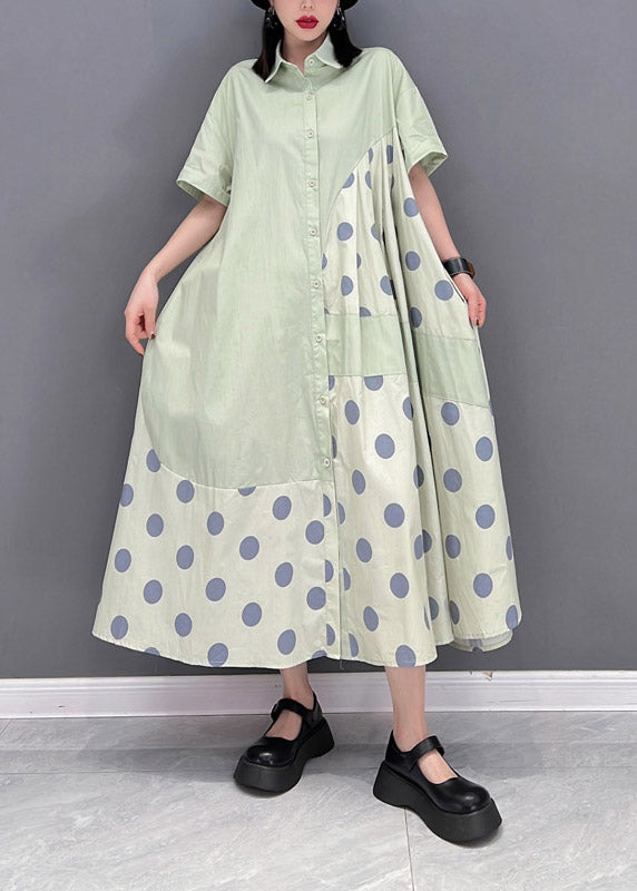 Chic Green Peter Pan Collar Dot Patchwork Button Pockets Robe ridée à moitié manche