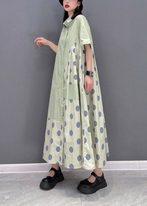 Chic Green Peter Pan Collar Dot Patchwork Button Pockets Robe ridée à moitié manche