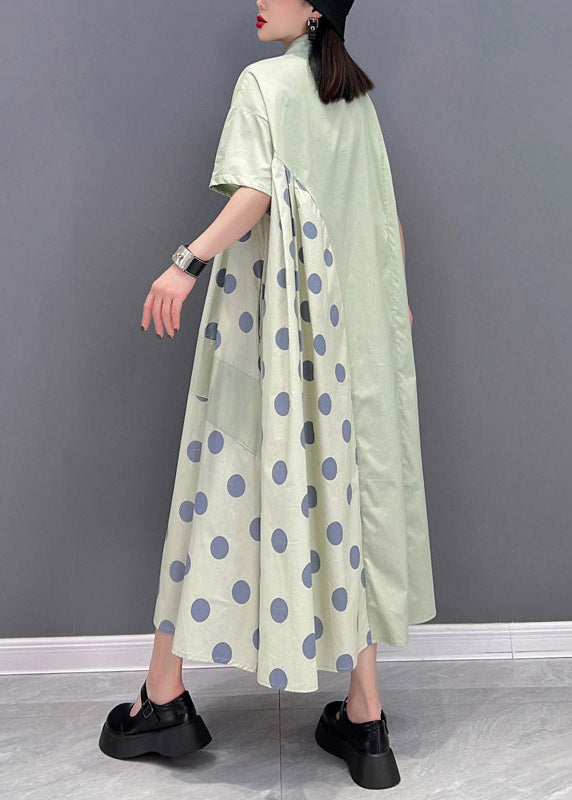 Chic Green Peter Pan Collar Dot Patchwork Button Pockets Robe ridée à moitié manche