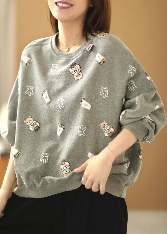 Chic Grey Loose Owck Print Fall Fall Pullover Street Wear