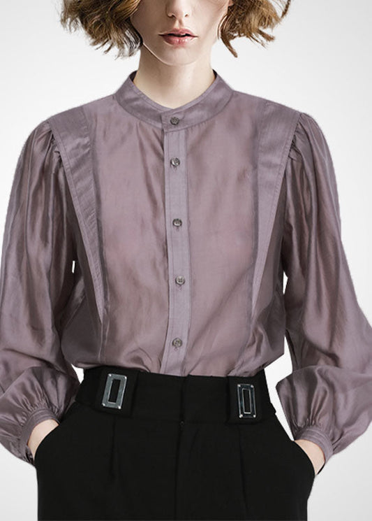 Chic Grey Purple Peter Pan Collar Patchwork Shirts Gops Long Sleeve