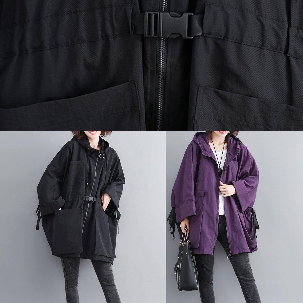 Chic Hooded Tie Waist Plus Size Spring Coats Women Purple Dresses Jackets - SooLinen