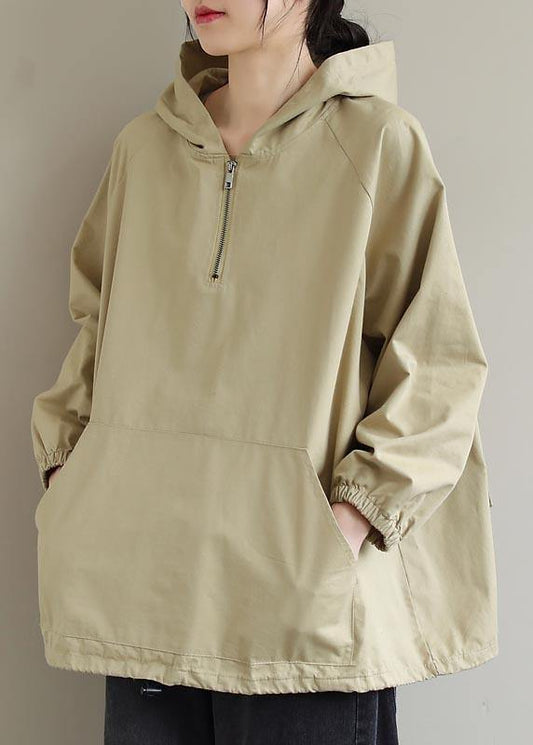 Chic Hooded Zip Up Spring Clothes For Women Work Outfits Khaki Blouses - SooLinen