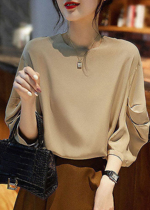 Chic Khaki O Neck Cinched Mariffon Shirts Tops Lantern Sleeve