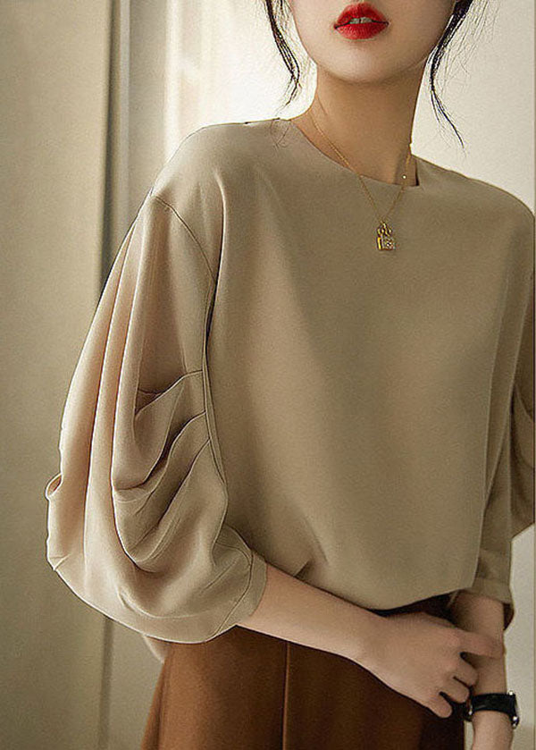 Chic Khaki O Neck Cinched Mariffon Shirts Tops Lantern Sleeve