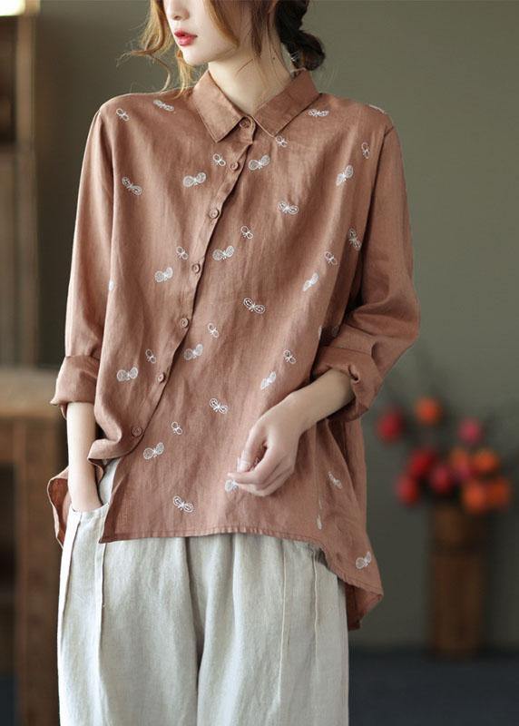 Chic Khaki Peter Pan Collar Button Fall Asymmetrical Design Top Long Sleeve - SooLinen