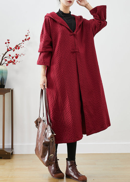 Chic Mulberry Hooded Chinese Button Cotton Trench Coat Fall