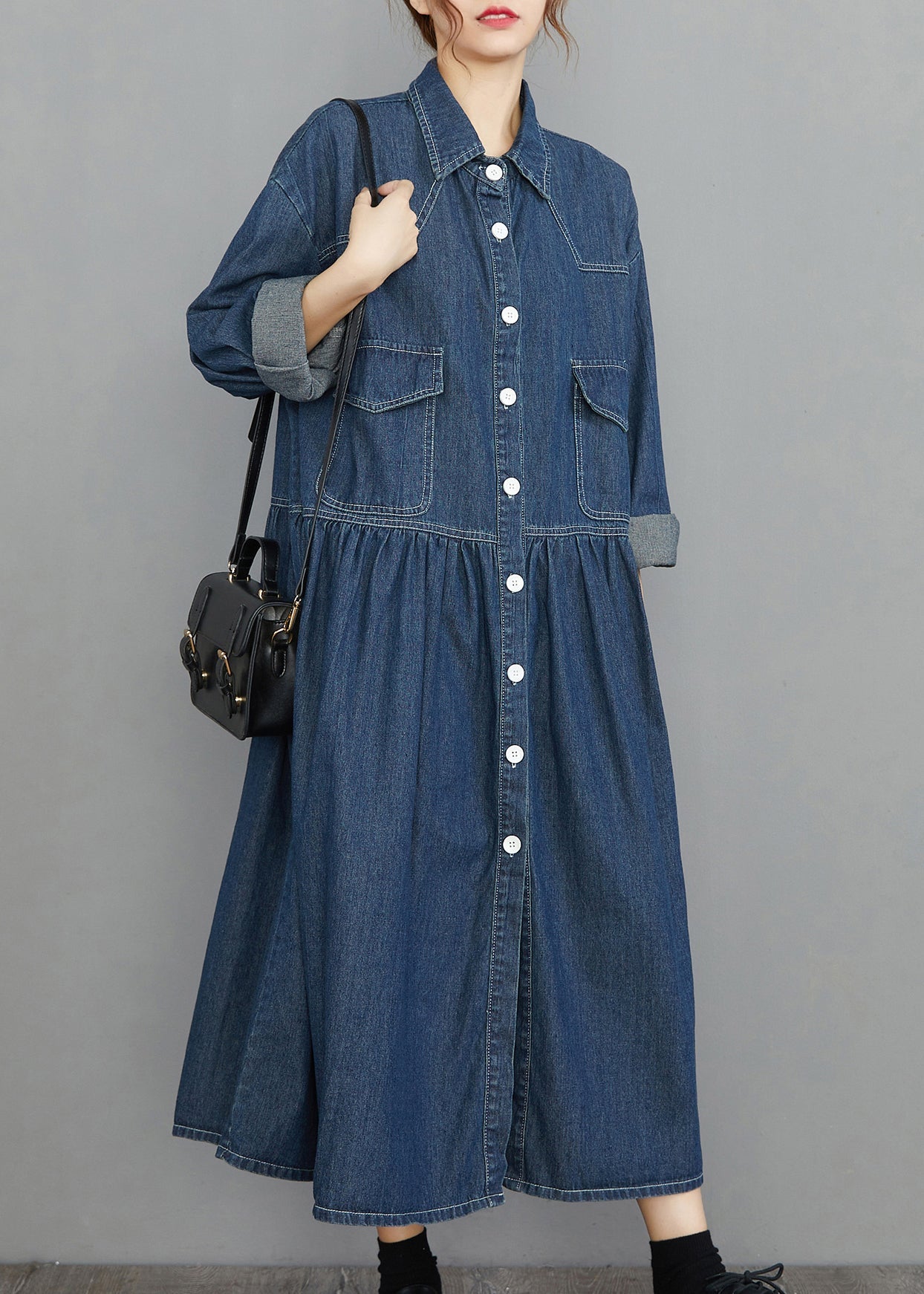 Chic Navy Peter Pan Collar Button Pockets wrinkled Denim Dress Spring