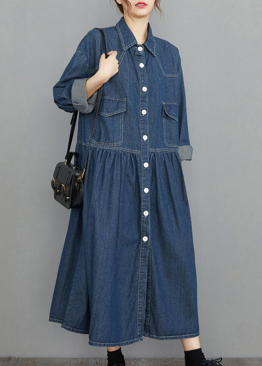 Chic Navy Peter Pan Collar Button Pockets wrinkled Denim Dress Spring