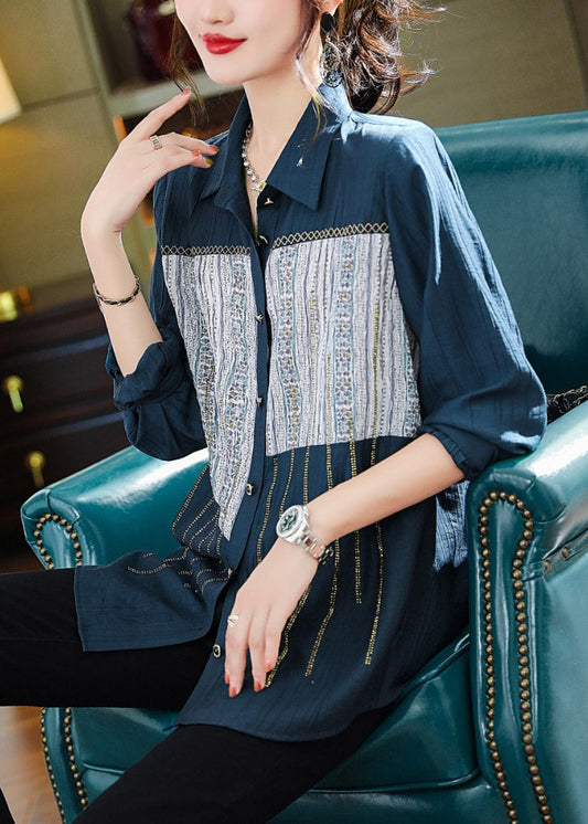 Chic Navy Peter Pan Collar Imprimer Patchwork Button T-shirts