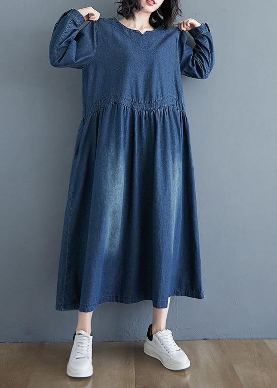 Chic O Neck Cinched Spring Tunic Wardrobes Denim Blue Art Dresses - SooLinen