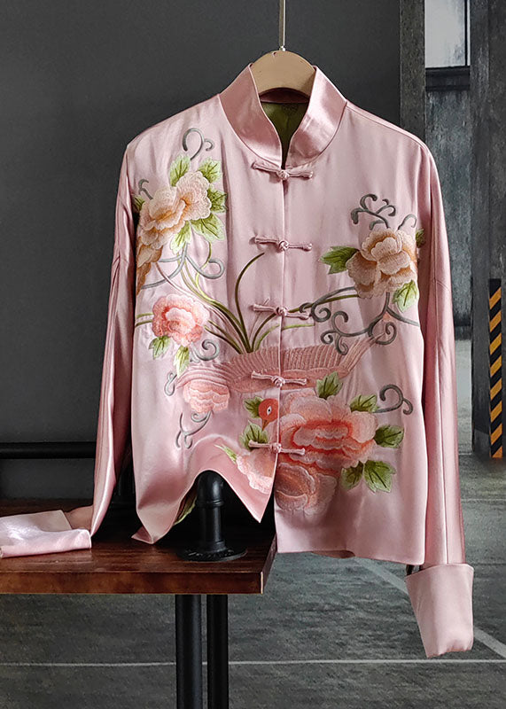 Chic rose brodé chinois bouton patchwork manteau de soie