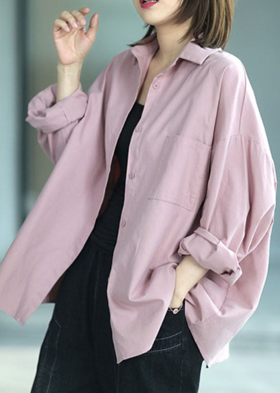 Chic Pink PeterPan Collar Button Pockets Fall Shirt Long sleeve