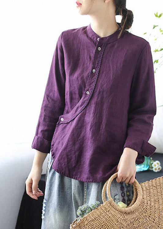 Chic Purple Stand Collar Lace Patchwork Linen Shirts Longe à manches longues