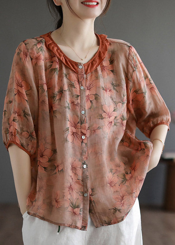 Chic Red Ruffled Print Linen Shirt Half Mancheve