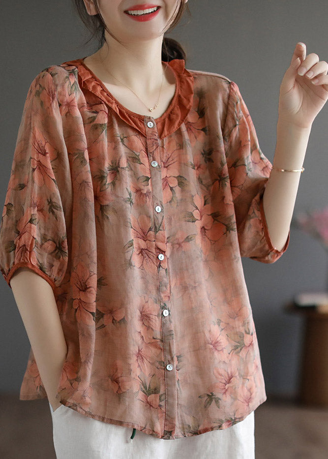 Chic Red Ruffled Print Linen Shirt Half Mancheve