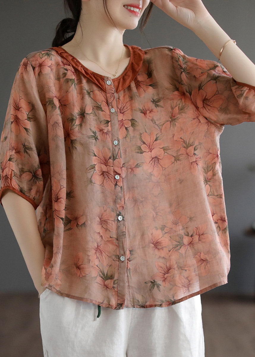 Chic Red Ruffled Print Linen Shirt Half Mancheve