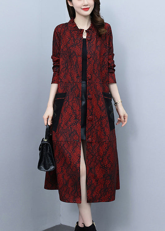 Chic Red Stand Collar Imprimez Long Trench Coats printemps