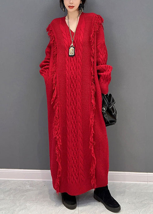 Chic Red V cou riflent longue robe en tricot hiver