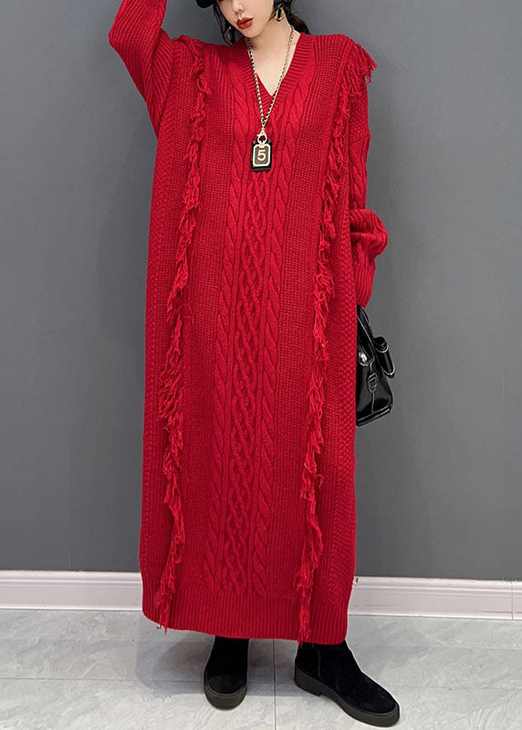 Chic Red V cou riflent longue robe en tricot hiver