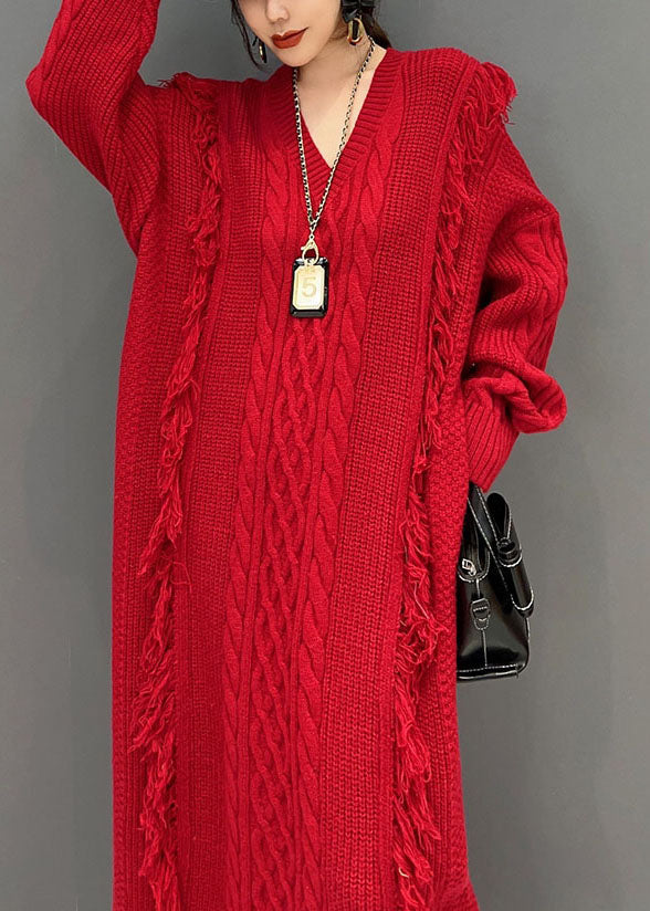 Chic Red V cou riflent longue robe en tricot hiver