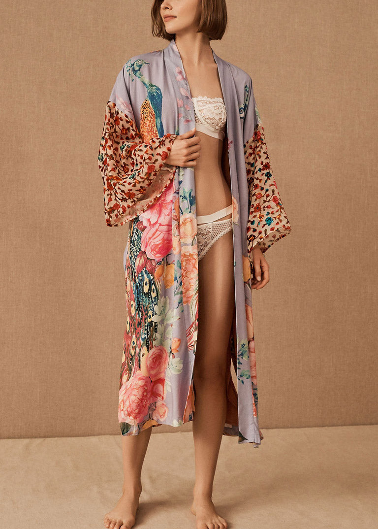 CHIC V Neck Print Side Open Tie Taon MAXI BEACH Cardigans Long Sleeve