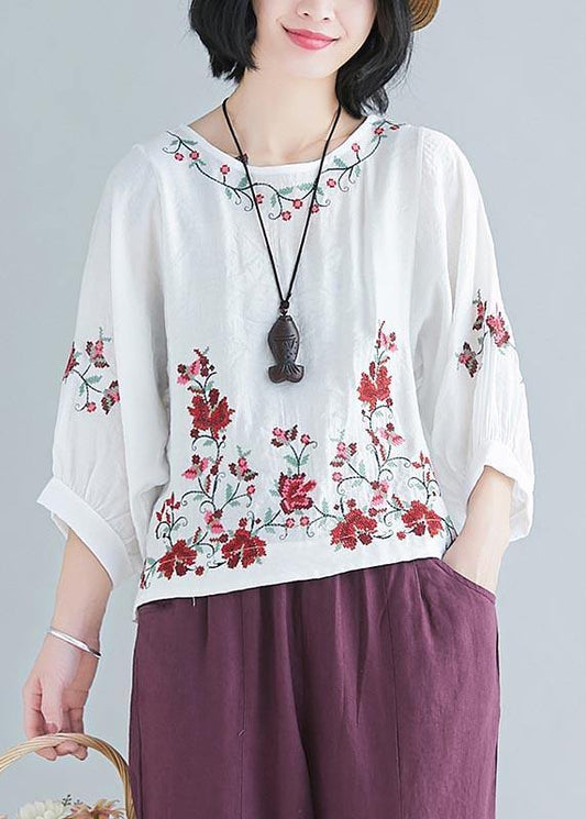 Chic White Embroideried Shirt Summer Cotton Linen - SooLinen