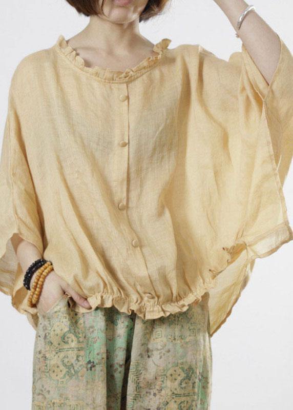 Chic Yellow Ruffled Button Fall Half Sleeve Top - SooLinen