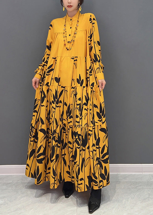 Chic Yellow Stand Collar Imprimer Button en ridé robes maxi à manches longues