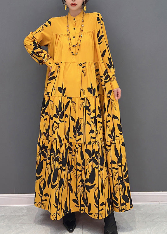 Chic Yellow Stand Collar Imprimer Button en ridé robes maxi à manches longues