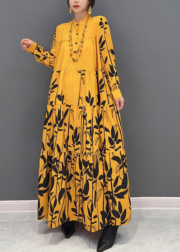 Chic Yellow Stand Collar Imprimer Button en ridé robes maxi à manches longues