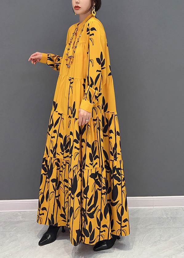 Chic Yellow Stand Collar Imprimer Button en ridé robes maxi à manches longues