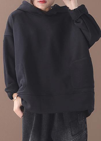 Chic black cotton tunics for women winter box hooded blouses - SooLinen