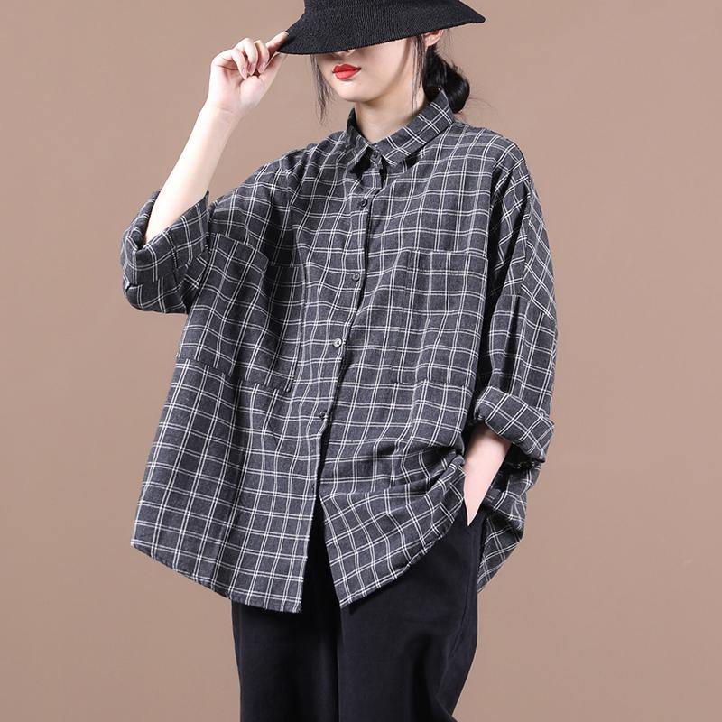 Chic black plaid shirts women lapel pockets Dresses shirt - SooLinen