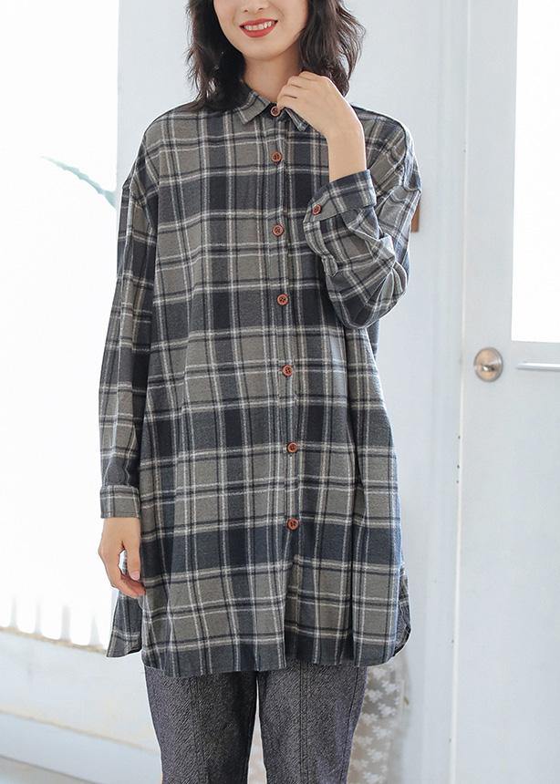 Chic gray plaid cotton blouses for women POLO neck Button tunic top - SooLinen