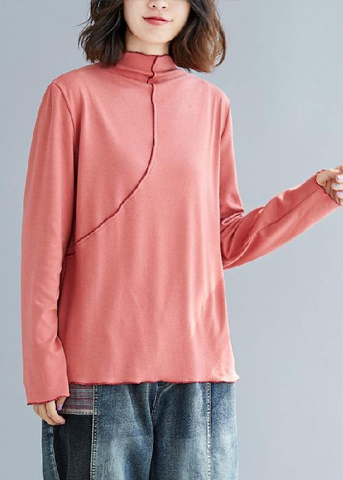 Chic high neck cotton tunics for women Cotton pink shirt - SooLinen