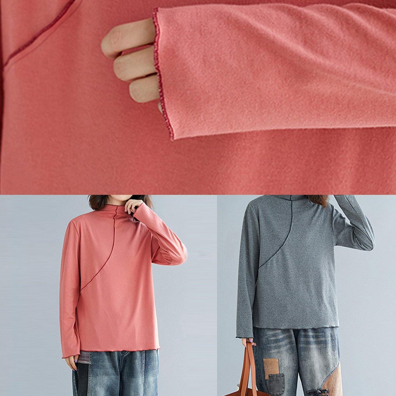 Chic high neck cotton tunics for women Cotton pink shirt - SooLinen