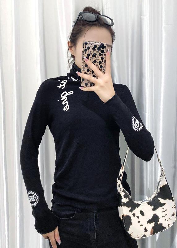 Chic high neck tops women black Letter silhouette tops - SooLinen