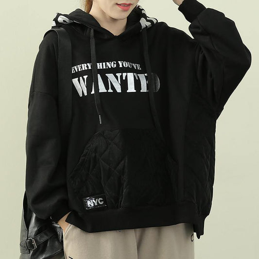 Chic hooded patchwork top silhouette black Letter daily blouse - SooLinen