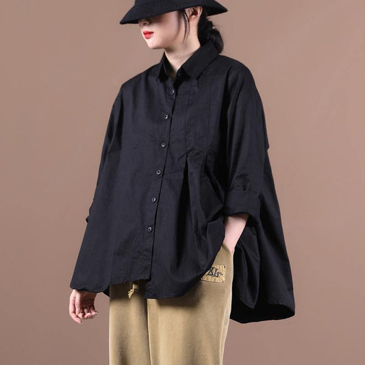 Chic lapel large hem fall shirts women Work Outfits black tops - SooLinen