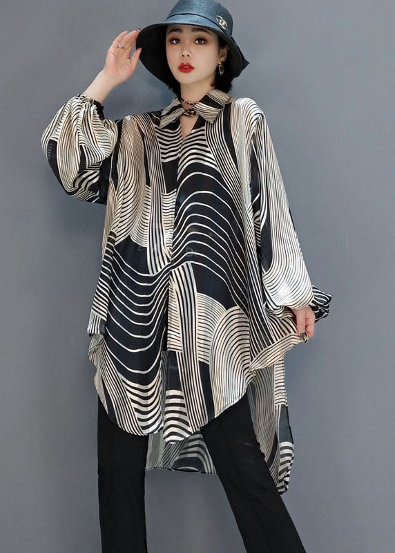 Chic low high design Striped Chiffon Shirt Blouse