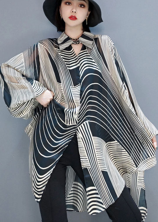 Chic low high design Striped Chiffon Shirt Blouse