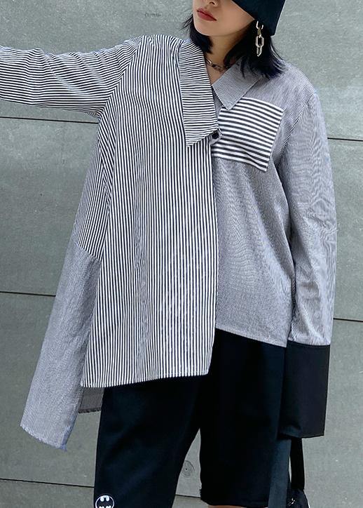 Chic striped shirts women side open asymmetric tunic blouse - SooLinen