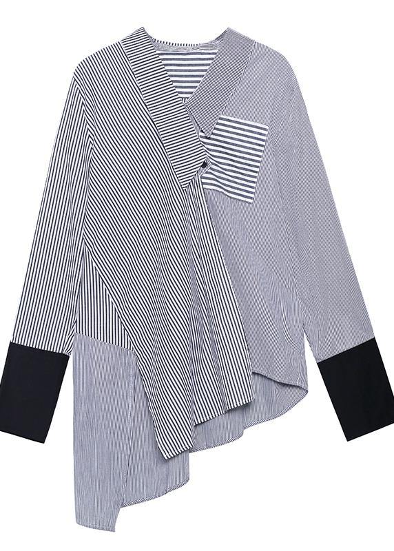 Chic striped shirts women side open asymmetric tunic blouse - SooLinen